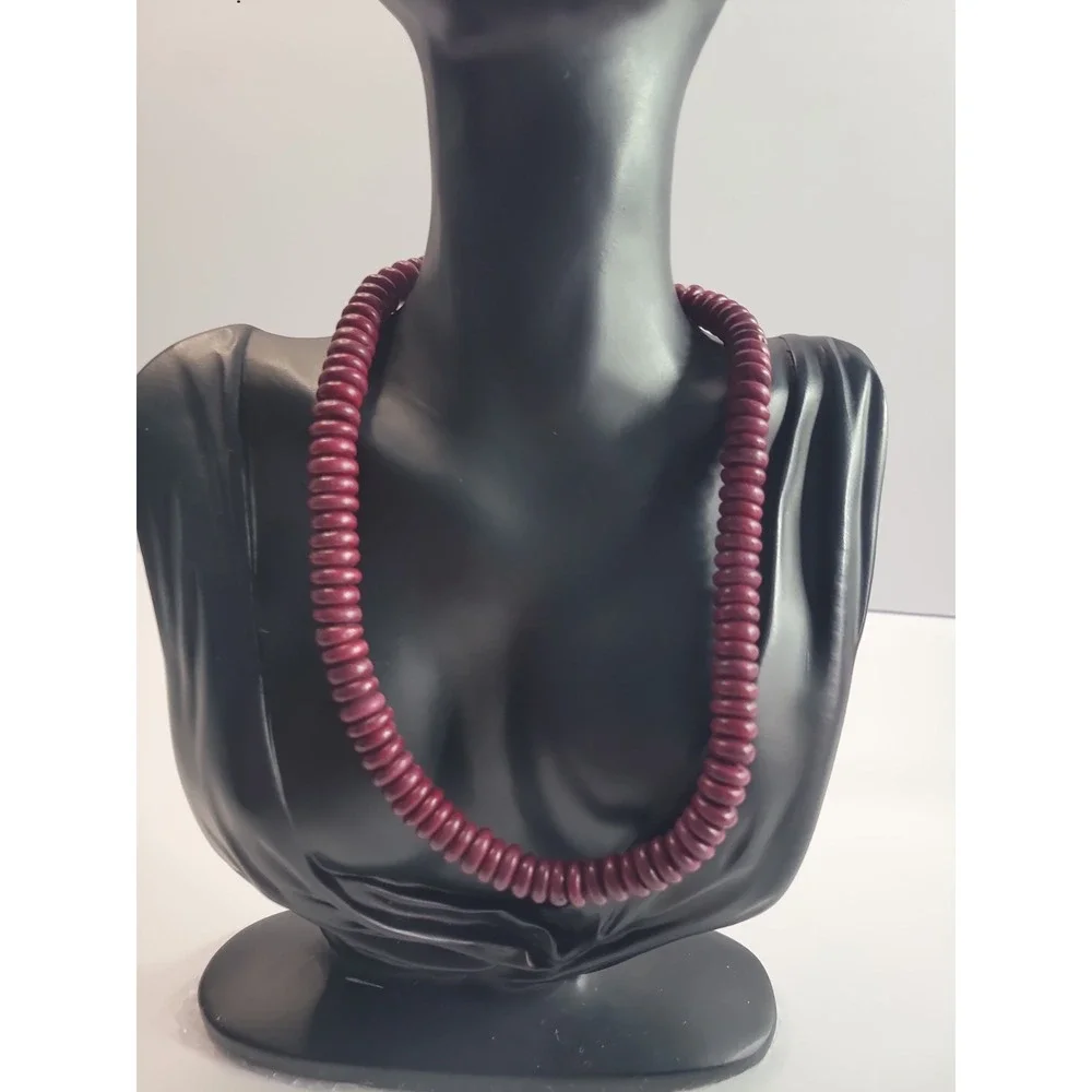Burgundy Red Disc Bead Necklace Flat Round Beaded Statement Boho Jewelry
